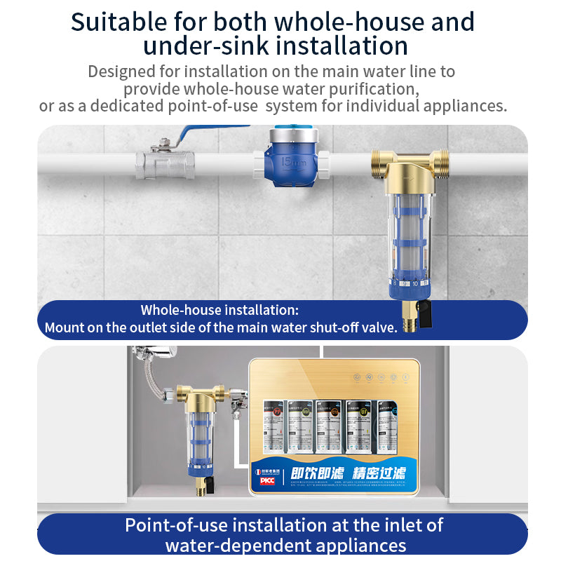 Pre water filter made of brass, stainless steel, and high-quality plastic material, with a stainless steel filter screen