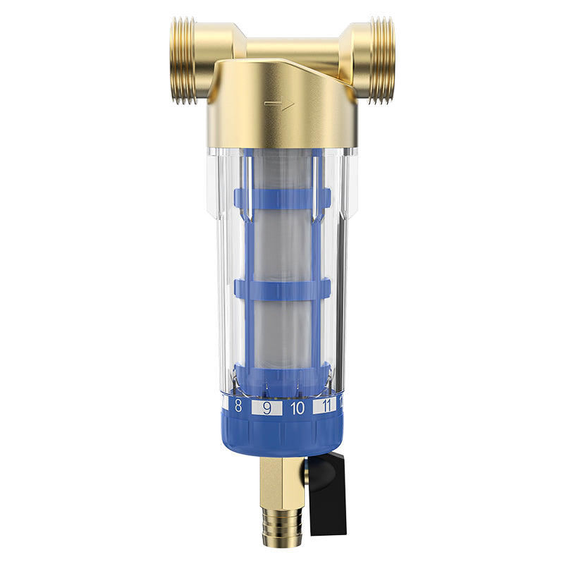 Pre water filter made of brass, stainless steel, and high-quality plastic material, with a stainless steel filter screen