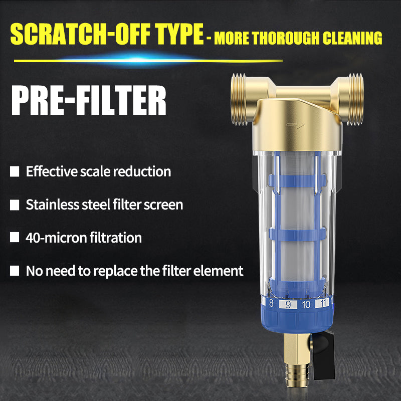 Pre water filter made of brass, stainless steel, and high-quality plastic material, with a stainless steel filter screen