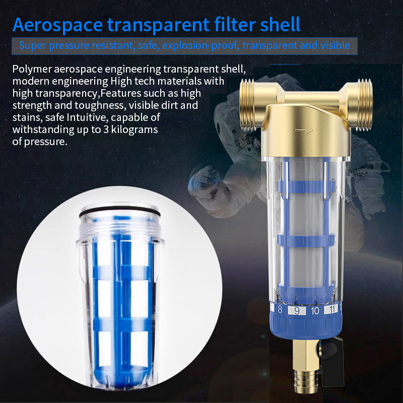 Pre water filter made of brass, stainless steel, and high-quality plastic material, with a stainless steel filter screen