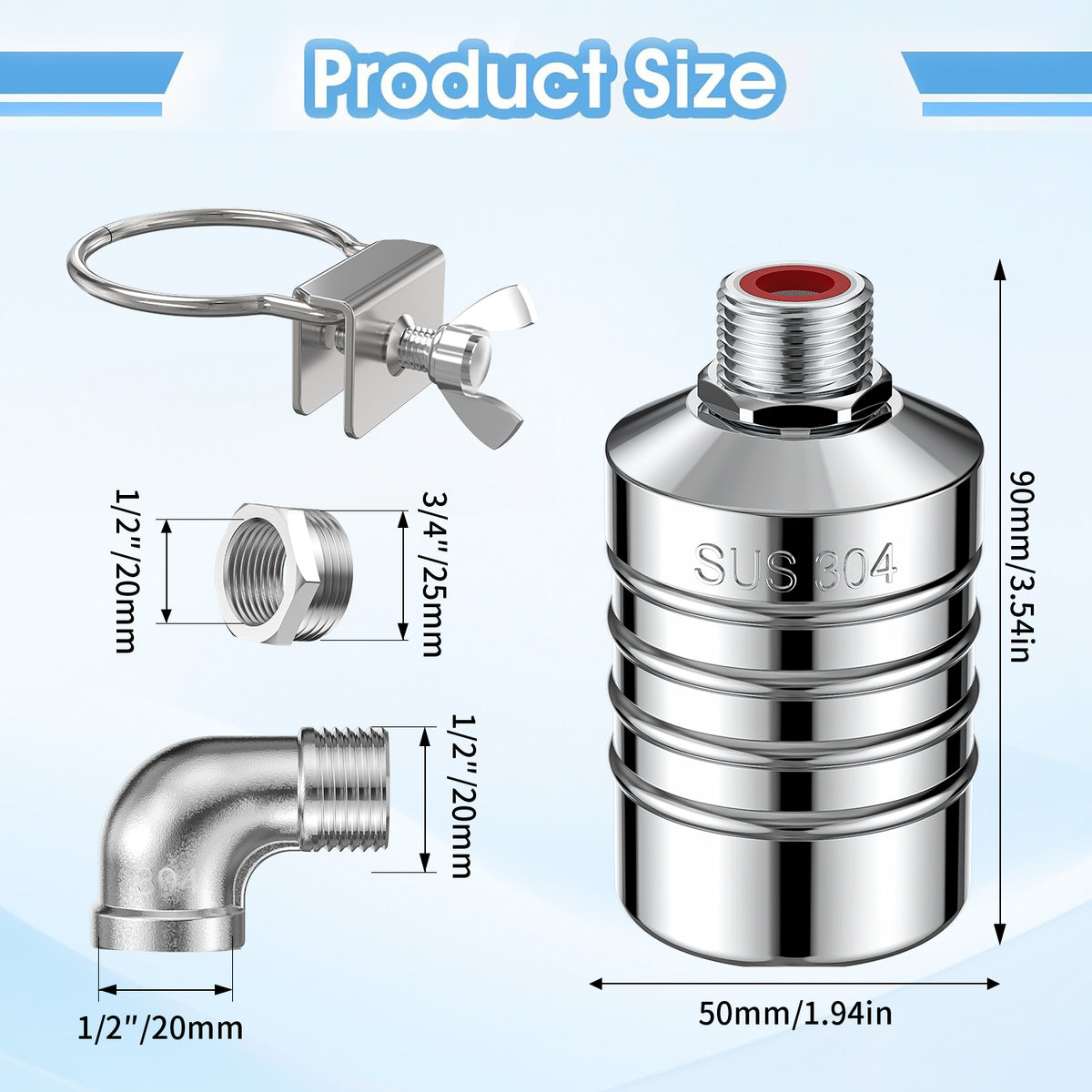 SUS304 stainless steel automatic water level controller, float ball valve suitable for water tanks, ponds, water towers, swimming pools, etc