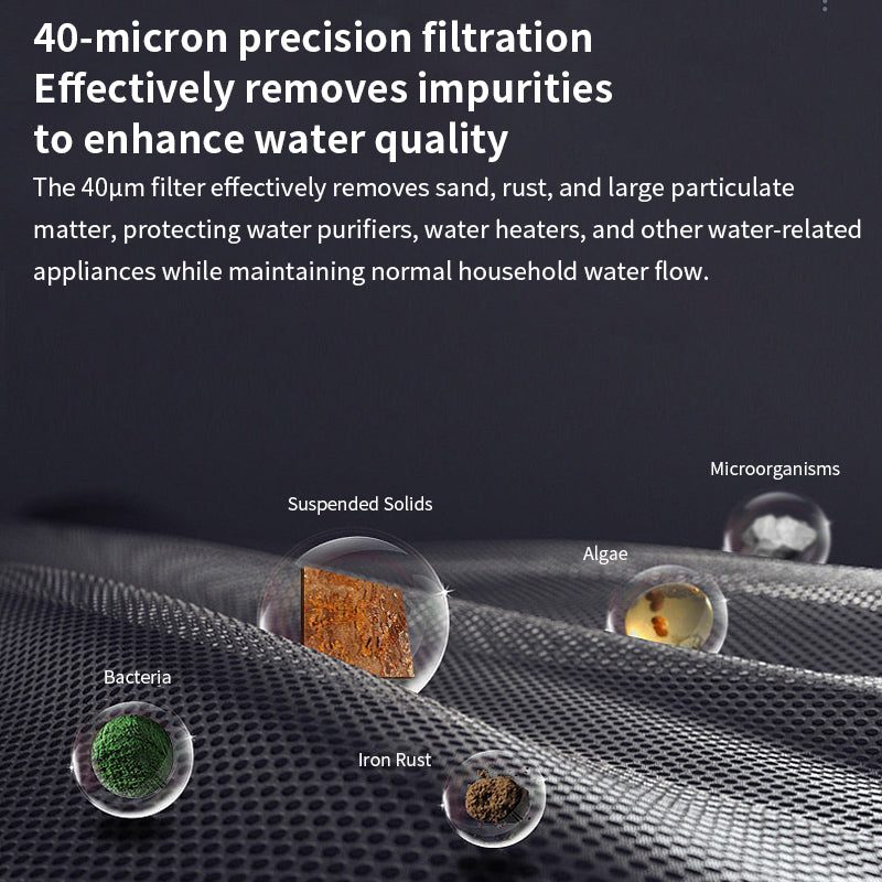 Pre water filter made of brass, stainless steel, and high-quality plastic material, with a stainless steel filter screen