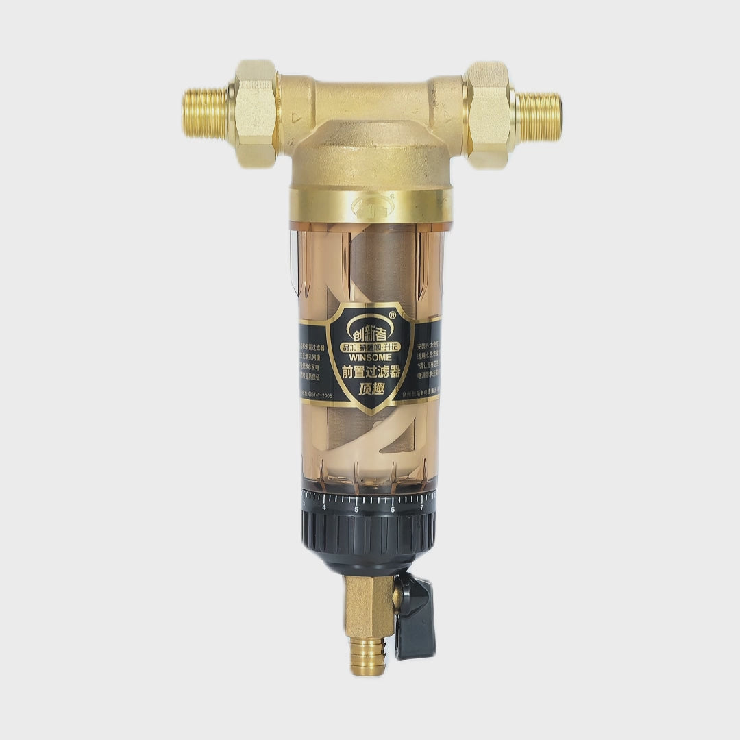 Pre water filter made of brass, stainless steel, and high-quality plastic material, with a stainless steel filter screen